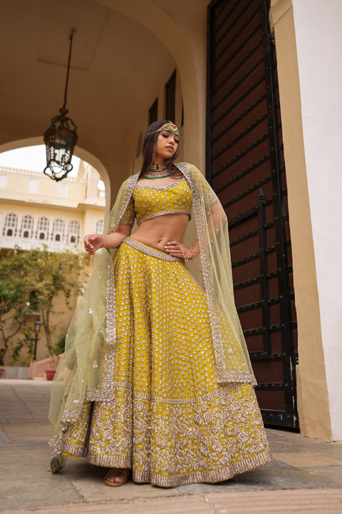 Green Raw Silk Zardozi Lehenga