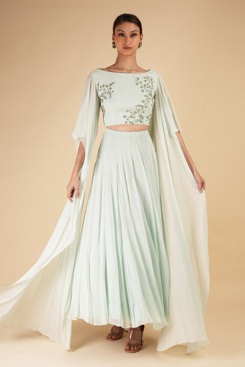 Mint Asymmetrical Sleeved Top Bottom Set