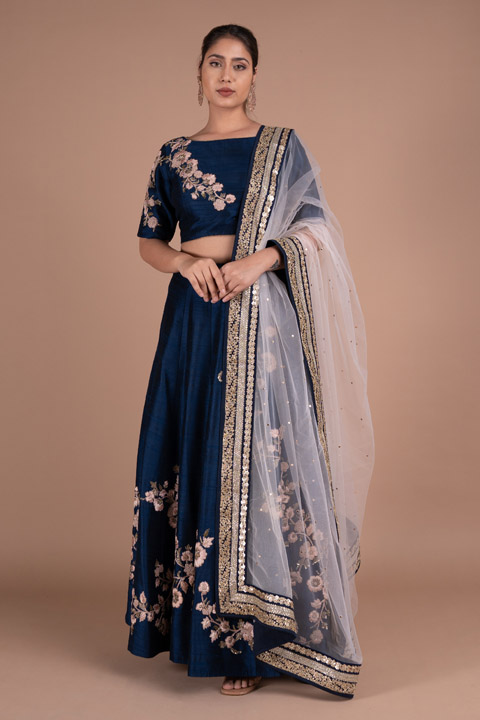 Navy Blue Raw Silk Lehenga Set