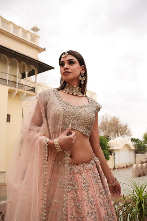 Peach hued Cutwork Lehenga