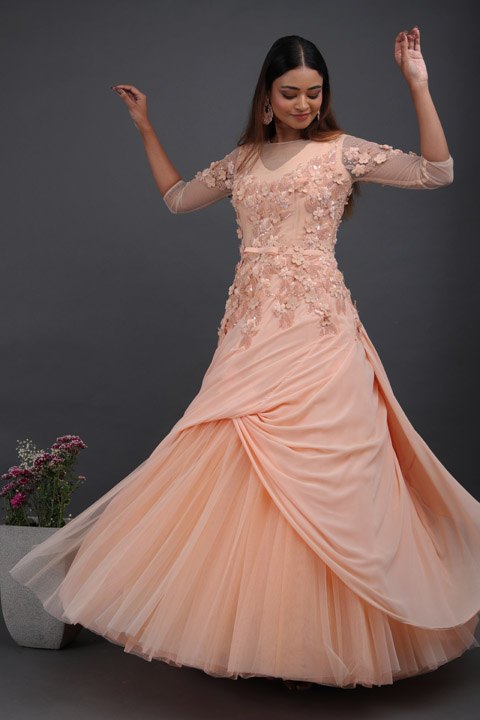 Small Flower Motifs Peach Ball Gown