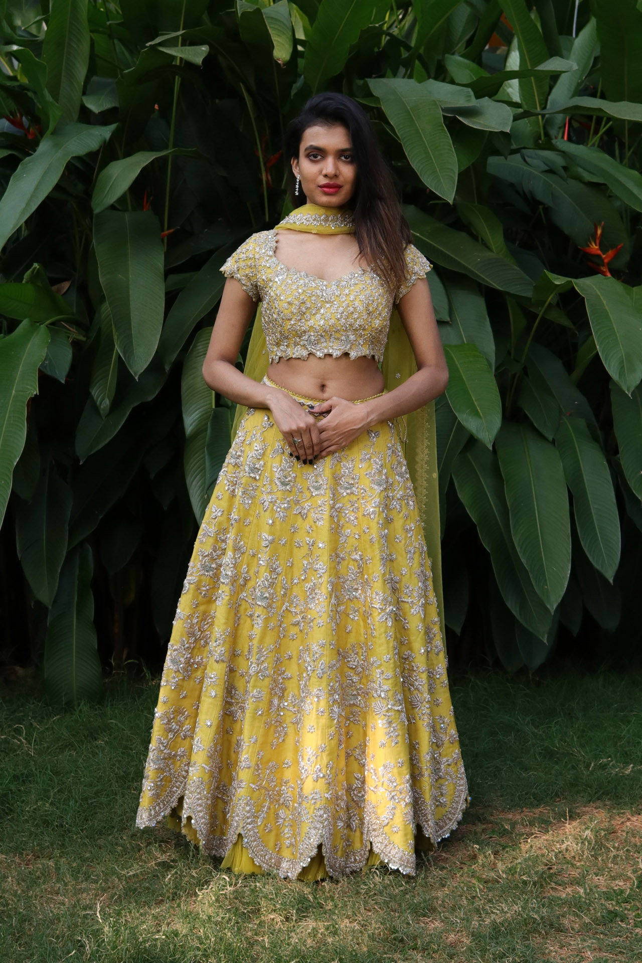 YELLOW RAW SILK SCALLOPED LEHENGA