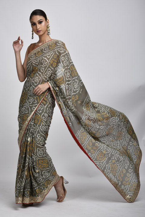 Grey Bandhej Gota Saree