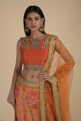 Orange Floral Raw Silk Lehenga_SUB8461