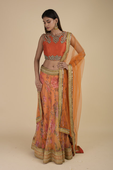 Orange Floral Raw Silk Lehenga