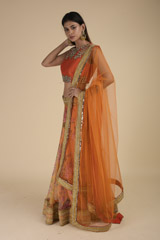 Orange Floral Raw Silk Lehenga_SUB8464