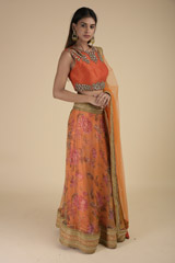 Orange Floral Raw Silk Lehenga_SUB8465