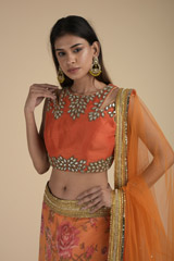 Orange Floral Raw Silk Lehenga_SUB8468