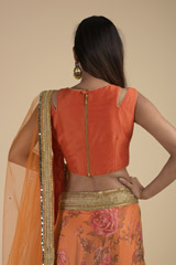 Orange Floral Raw Silk Lehenga_SUB8471