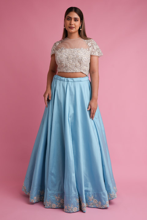 Blue Floral Embroidery Top Bottom Set