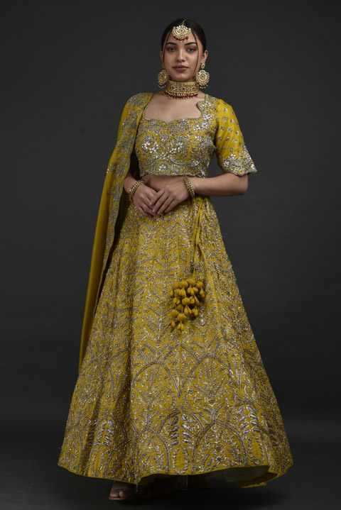 Yellow Raw Silk Zardosi Lehenga Set