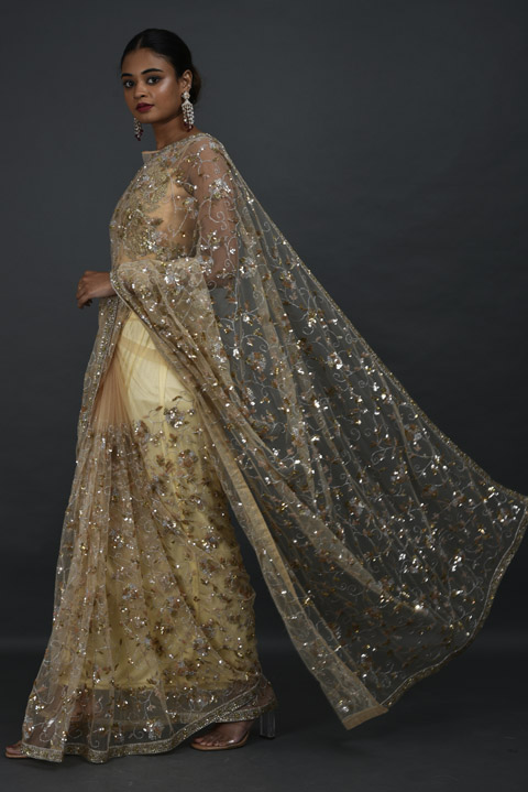 Beige Embellished Net Saree