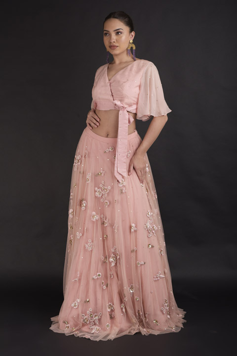 Pink Flower Embroidered Top Bottom Set