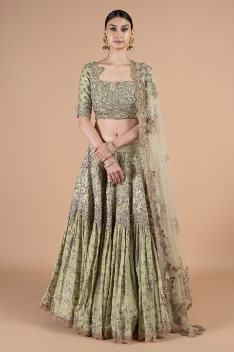 Green Raw Silk Sequins Lehenga Set