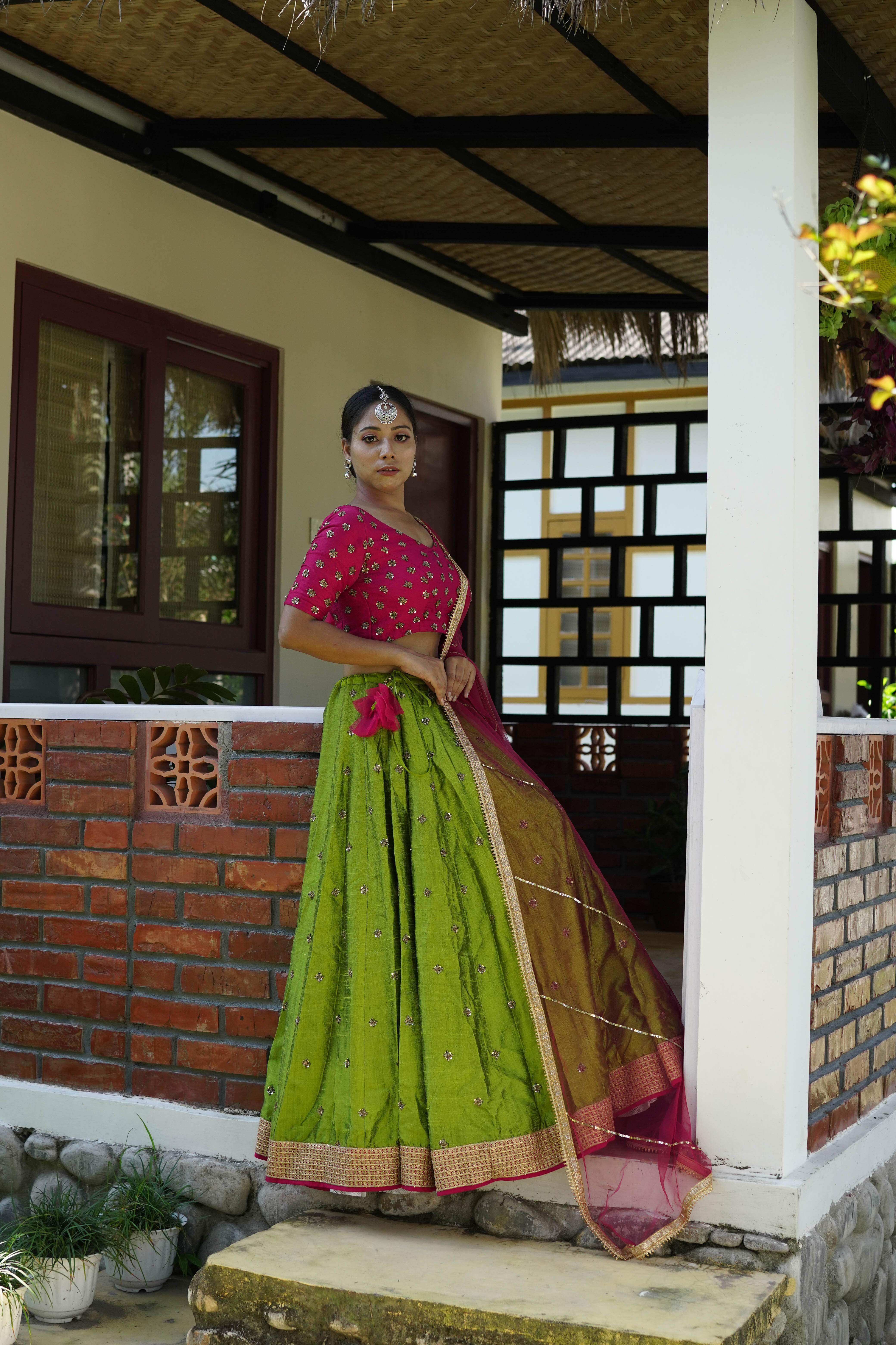 Green Raw Silk Lehenga Set