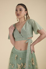 Green Floral Embroidered Top Bottom Set_DTR2832