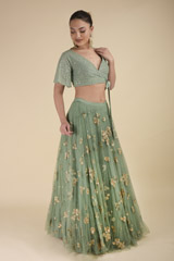 Green Floral Embroidered Top Bottom Set_DTR2834