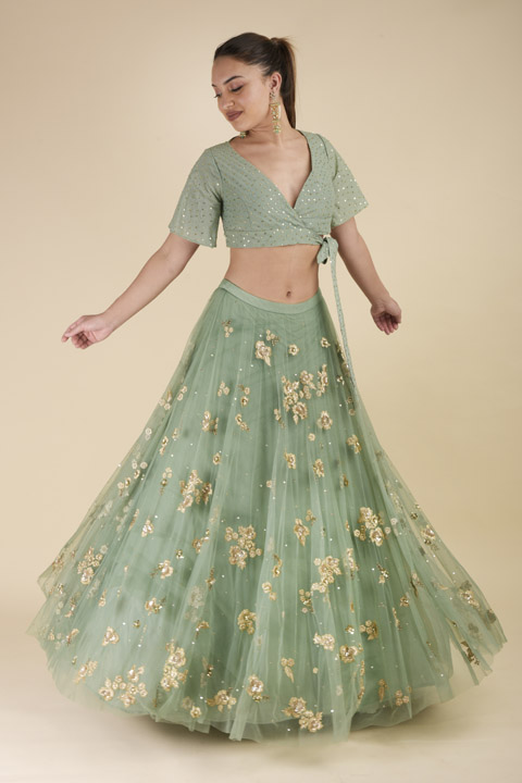 Green Floral Embroidered Top Bottom Set