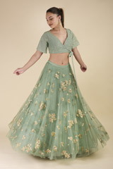 Green Floral Embroidered Top Bottom Set