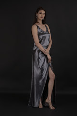 Grey Satin Camisole With Drape Skirt_DTR0077