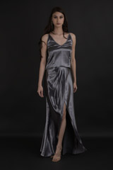 Grey Satin Camisole With Drape Skirt_DTR0078