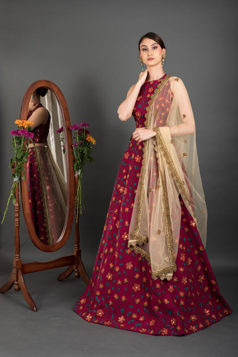 Burgundy Pink Thread Lehenga