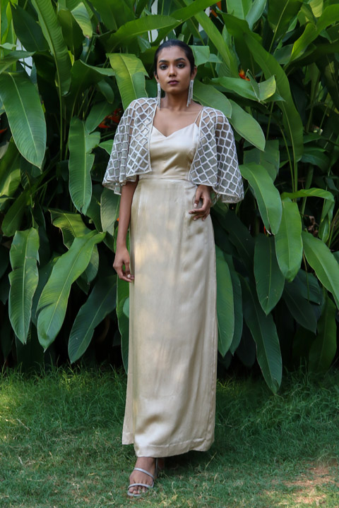 Champagne Slit Dress with Cape