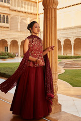 Maroon Embroidered Peplum Top With Lehanga
