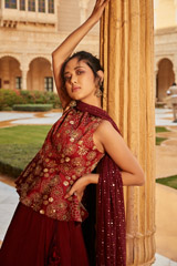 Maroon Embroidered Peplum Top With Lehanga2