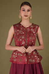 Maroon Embroidered Peplum Top With LehangaDSC05054