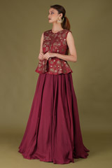 Maroon Embroidered Peplum Top With LehangaDSC05057