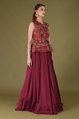Maroon Embroidered Peplum Top With LehangaDSC05059