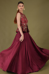 Maroon Embroidered Peplum Top With LehangaDSC05061