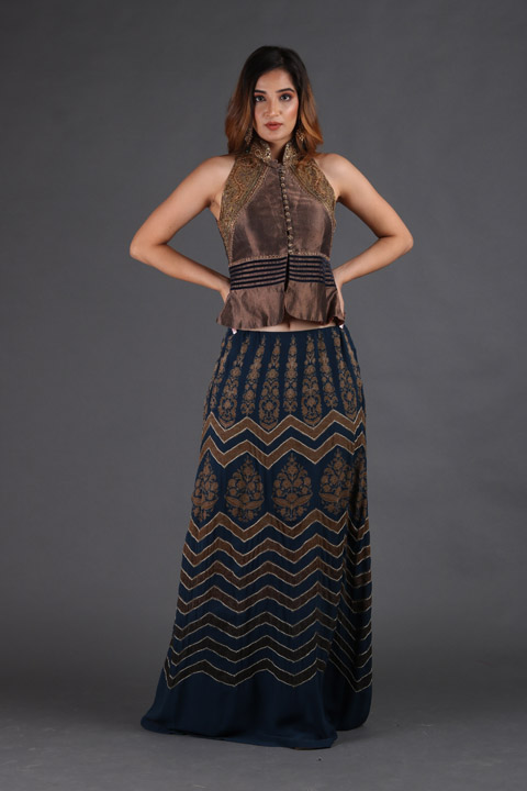 Blue Brocade Top Bottom Set