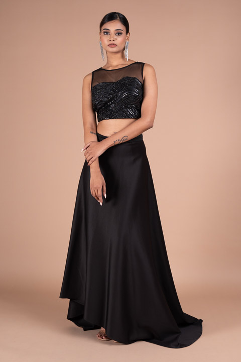 Black Skirt With Embroidered Blouse