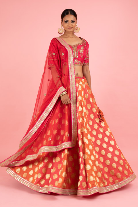 Pink And Orange Banarasi Lehenga