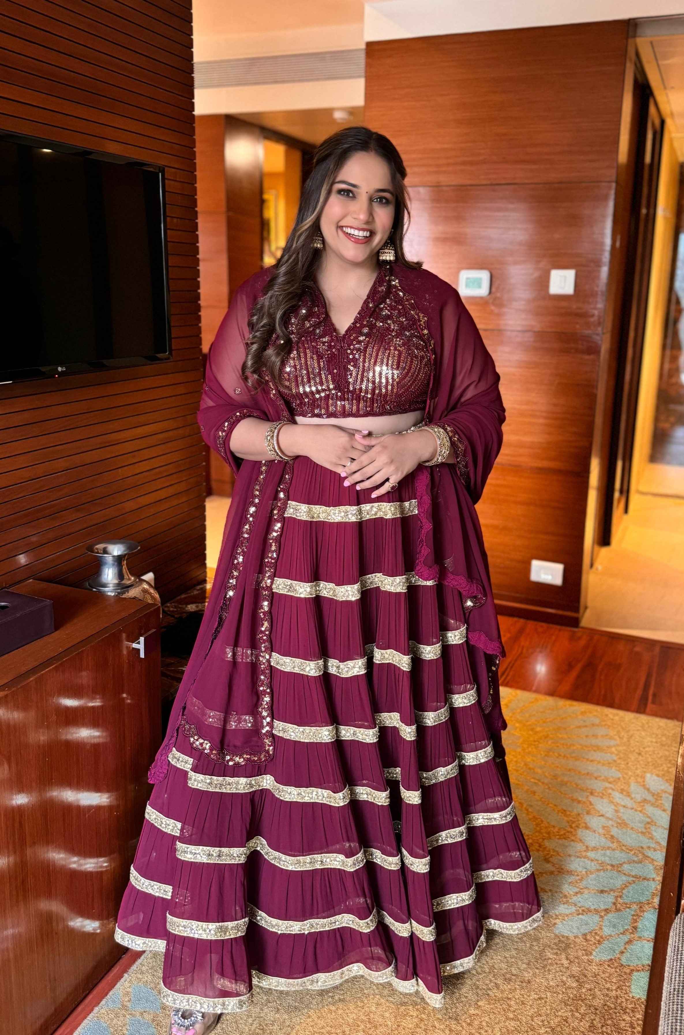 Maroon Sequin Tiered Lehenga