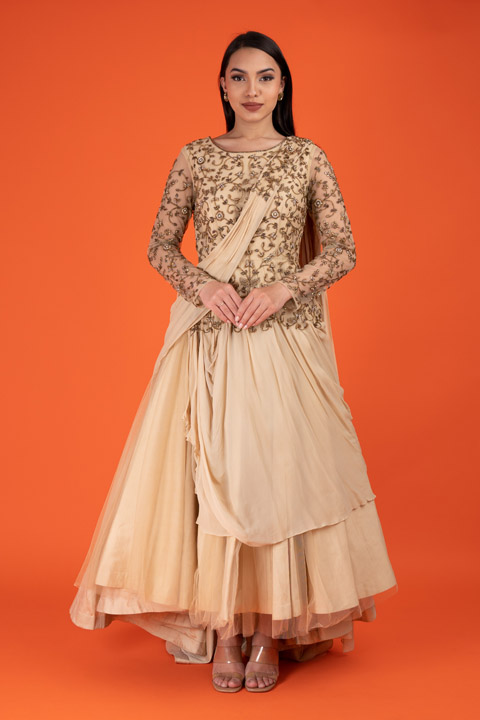 Beige Gold Embroidered Gown Flare Gown