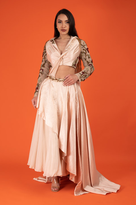 Embroidered Jacket Style Blouse Skirt Set