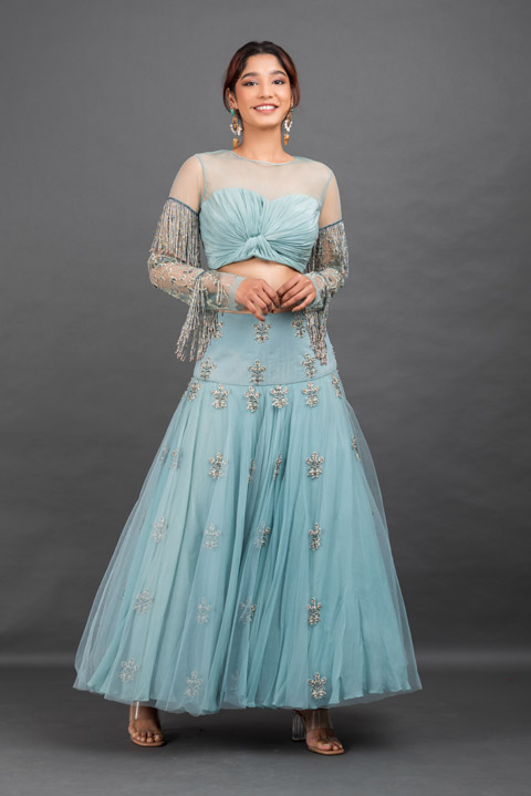 Blue Knotted Embroidered Top Bottom Set