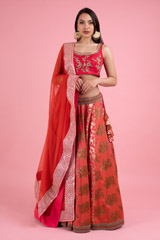 Red And Pink Panelled Banarsi LehengaDSC02949