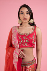 Red And Pink Panelled Banarsi LehengaDSC02951