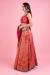 Red And Pink Panelled Banarsi LehengaDSC02953
