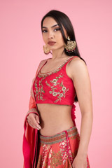Red And Pink Panelled Banarsi LehengaDSC02954