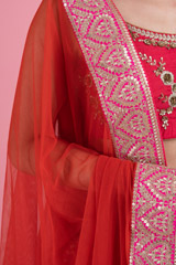 Red And Pink Panelled Banarsi LehengaDSC02956