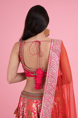 Red And Pink Panelled Banarsi LehengaDSC02960