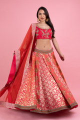 Red And Pink Panelled Banarsi Lehenga