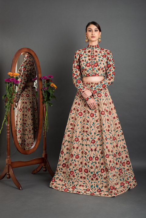 Nude Embroidered Top Bottom Set