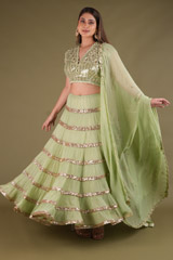 Green Shimmered Tiered Lehenga
