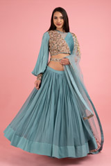 Ice Blue Hand Embroidered Top Bottom Set